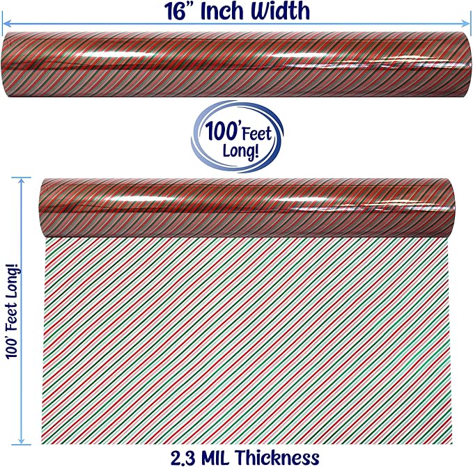 AnapoliZ Christmas Cellophane Wrap Roll | 100’ Ft. Long X 16” in. Wide | 2.3 Mil Crystal Clear Christmas Stripes Cellophane | Gifts, Baskets, Treats Wrapping Paper | Red and Green Stripes Cello Roll