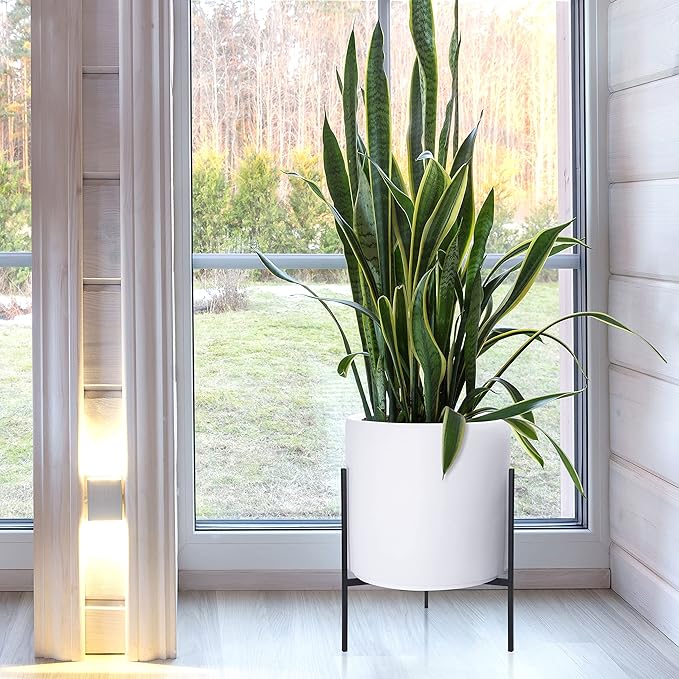 D'vine Dev Modern White Plants Pot Cylinder Planter with Heavy Duty Stand, X-Large 14 Inch Pot, 21 Inch with Stand Height, 96-T-A-4