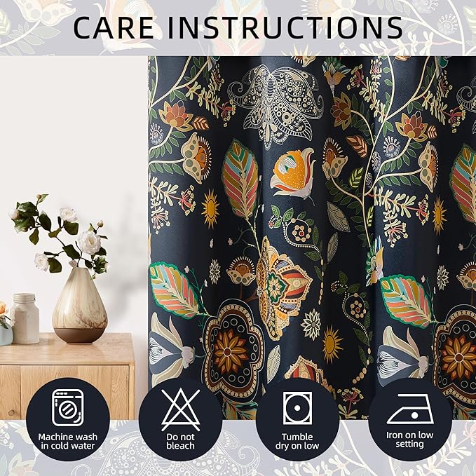 XiDi Navy Blue Blackout Curtains 90 Inches Long with Vintage Floral Leaf Patterned for Bedroom 2 Panels Room Darkening Thermal Insulated Mid Century Modern Curtains Grommet Drapes Home Decor 52x90