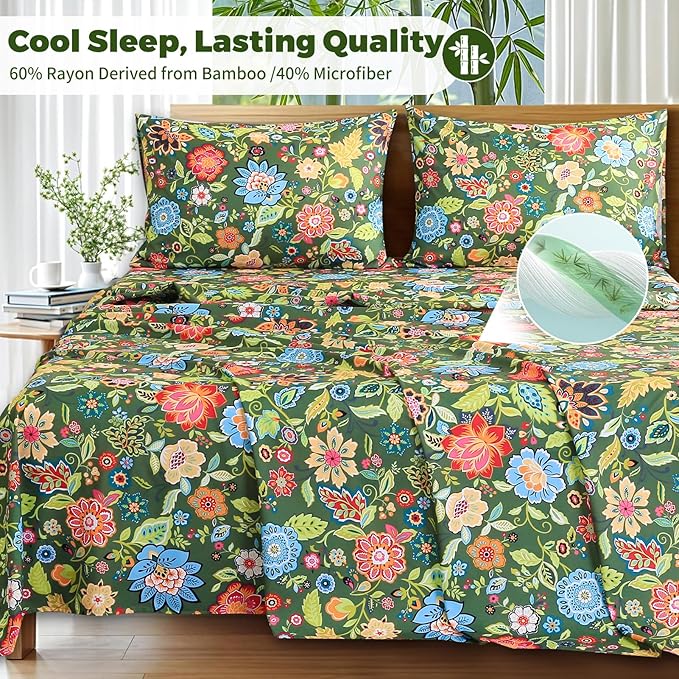 Bedlifes Extra Deep Pocket 18-24" Queen 4-Piece Sheet Set - Cooling Sheets Blend Rayon Derived from Bamboo Soft & Breathable Floral Dark Green
