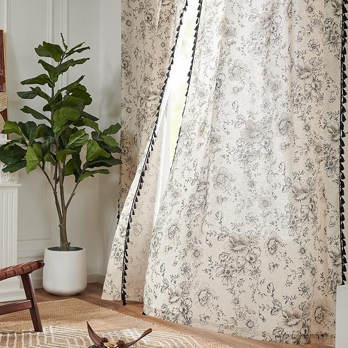 JINCHAN Linen Blend Floral Curtains for Living Room & Bedroom - 84 Inch Long Printed Curtains with Tassels & Rod Pocket - Farmhouse Rustic Peony Flower Patterned Drapes - 2 Panels