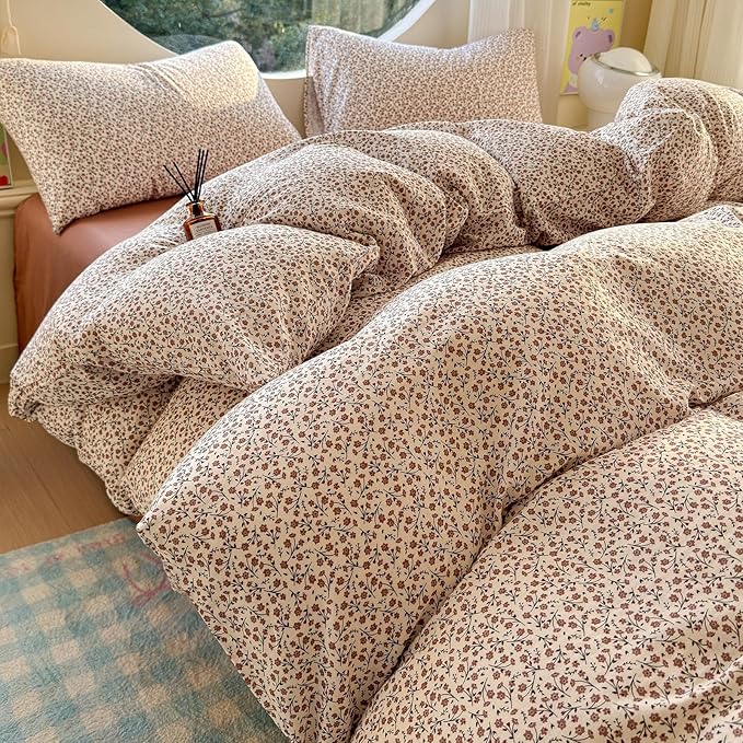 LifeTB Muslin Cotton Duvet Cover Set Full Size Vintage Floral Duvet Cover Ultra Soft Breathable Comforter Cover Chic Flower Bedding Set Linen Feel Textured Gauze Comforter Cover with Zipper Closure