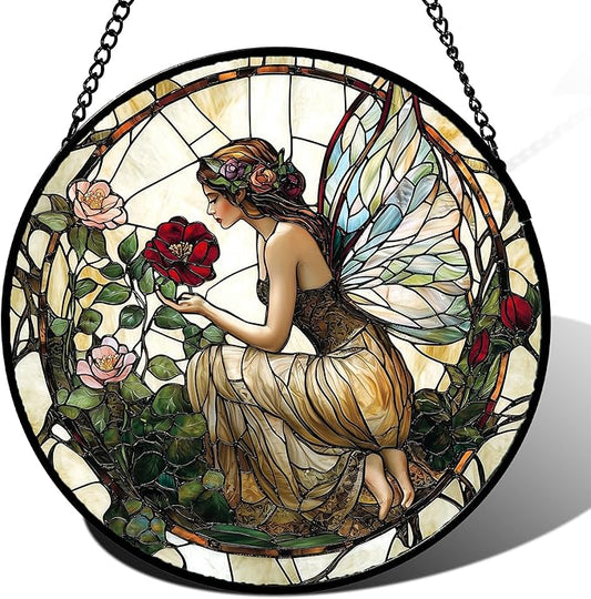 Stained Glass Window Hanging - Butterfly Flower Fairy Suncatcher for Door Terrace Garden Home Decor Yellow Green Plants Sun Catcher Birthday Gifts for Lovers Women Men Dad Mom Nana 7.8 in