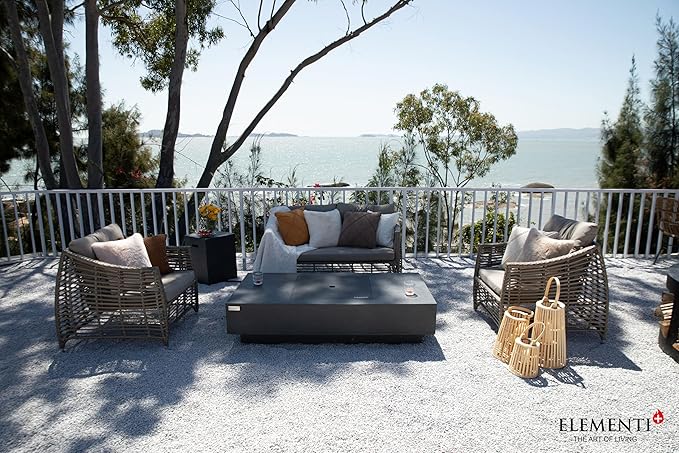 Elementi+ | Bundle Cannes Gas Fire Pit Cast Concrete 60" Rectangular Fire Table, Outdoor Fire Pit Electronic Ignition | Canvas Cover, Fire Glass and Burner Lid Included | Dark Gray | Propane Gas