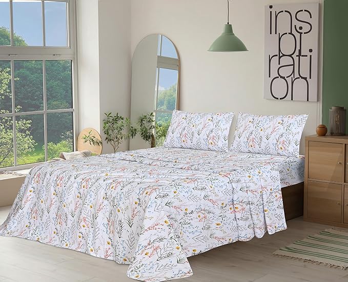 RUVANTI 100% Cotton California King Sheet Sets, 4 Pieces, Soft & Breathable Percale Weave Bedding, Deep Pocket 14", Hotel Standard, Crisp Cool Feel & Durable, Perfect Floral Sheets, Aroma