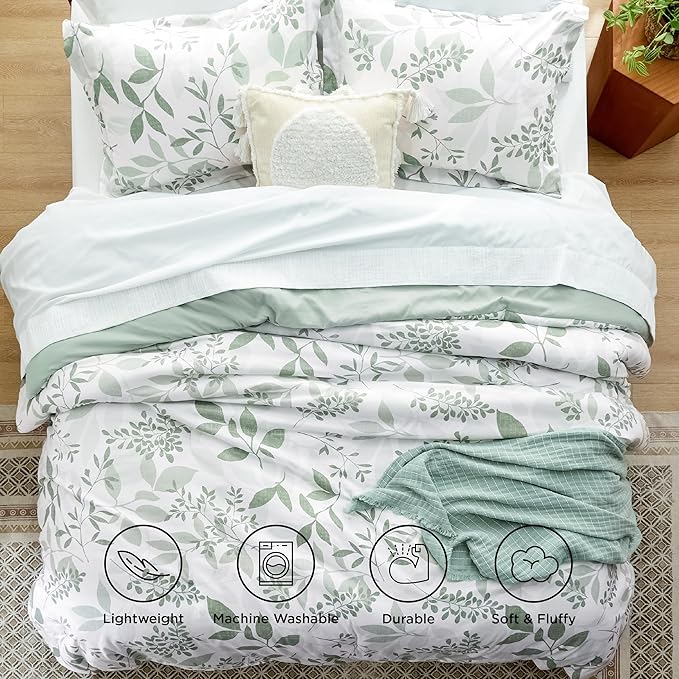 Bedsure Comforter Set Full Size - Cute Floral Bedding Comforter Set, 3 Pieces, 1 Soft Reversible Sage Green Botanical Flowers Comforter and Pillow Shams