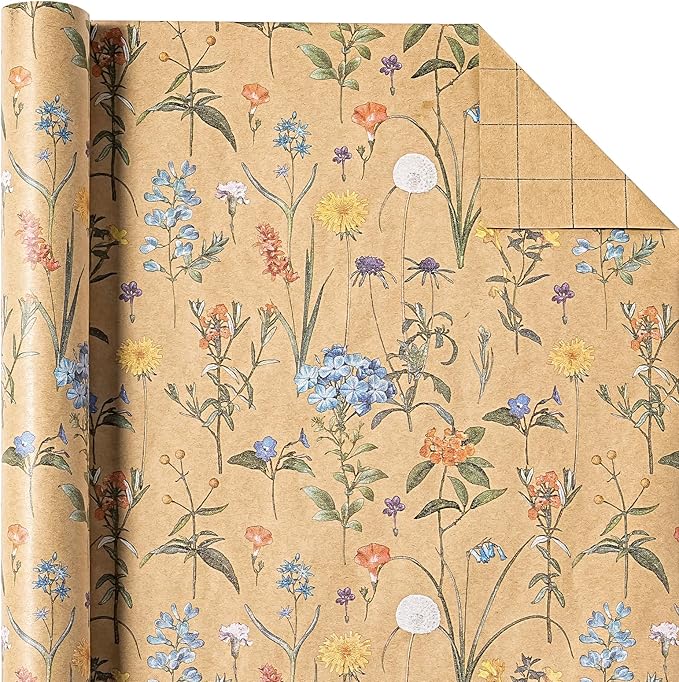 WRAPAHOLIC 30 Inch Kraft Floral Wrapping Paper Roll - 30 Inch x 33 Feet - Wildflower Wrapping Paper Perfect for Girls Women Birthday, Wedding, Bridal Shower