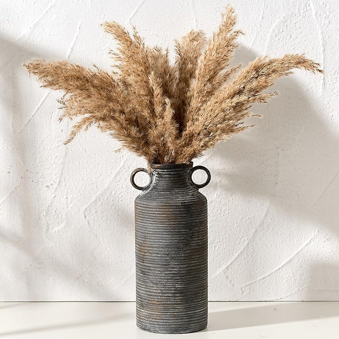 Ceramic Rustic Vase with 2 Round Handles, Antique Farmhouse Flower Vase, Vintage Terracotta Vases for Home Decor, Wedding, Living Room, Table, Shelf Decor - 10.2 Inch Tall, Black Bronze