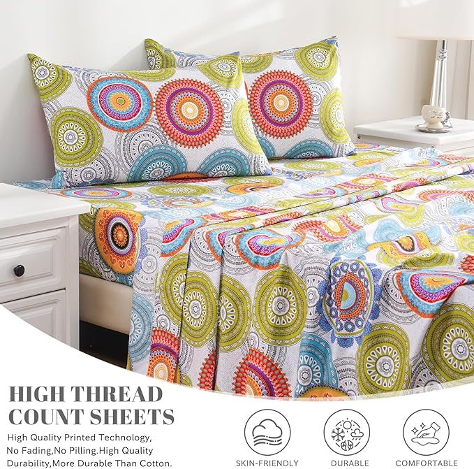 Bedlifes Twin Sheet Set Ultra Soft, Breathable, Silky Flower Deep Pocket 100% Microfiber Bedding, 3 Piece Twin Size Mandala Patterned
