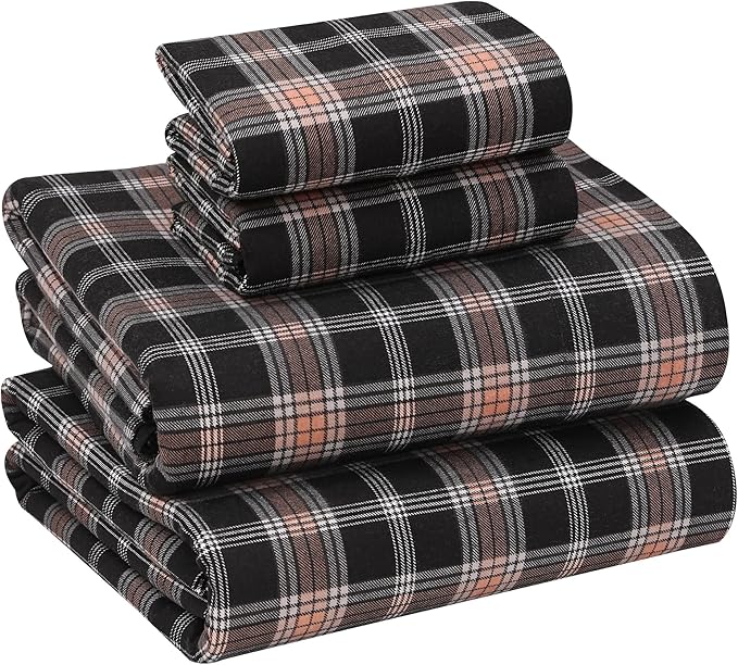 RUVANTI Flannel Sheets King Size - 100% Cotton Brushed King Size Sheets Set - Deep Pockets 16 Inches Bed Sheets - All Seasons Breathable & Extra Soft - Warm & Cozy, 4 Piece, Peach & Black Plaid