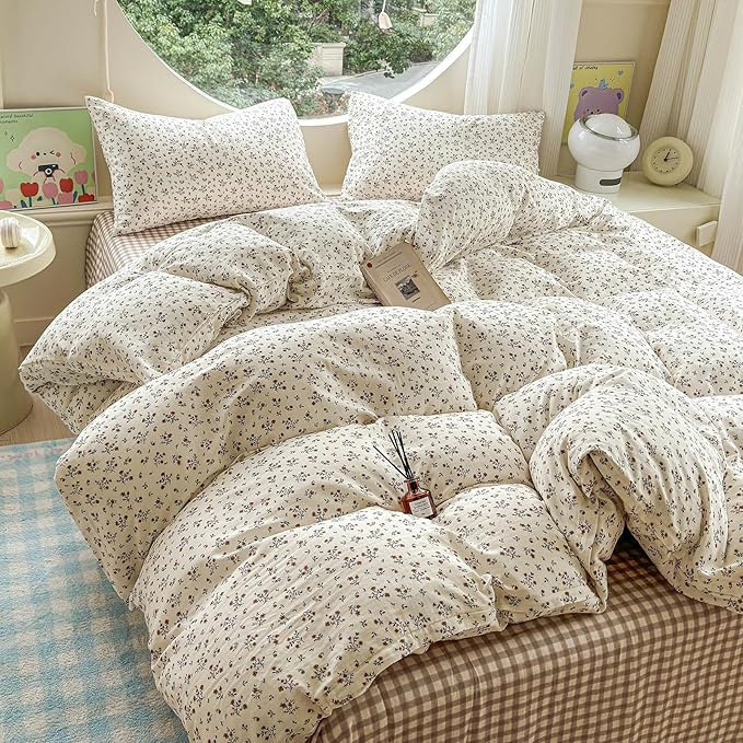 LifeTB 100% Cotton Muslin Duvet Cover King Size Vintage Botanical Floral Duvet Cover Ultra Soft Flower Comforter Cover Lightweight Soft Breathable Gauze Bedding Comforter Cover with 2 Pillowcases