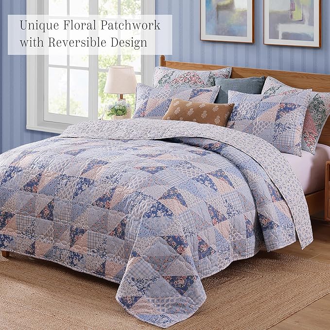 Quilt Set King Size, Patchwork Blue Pink Marigold Floral Quilt Sets, Reversible Bedspread Lightweight and Breathable for All Seasons, Soft Quilted Bedspread with 2 Pillow Shams