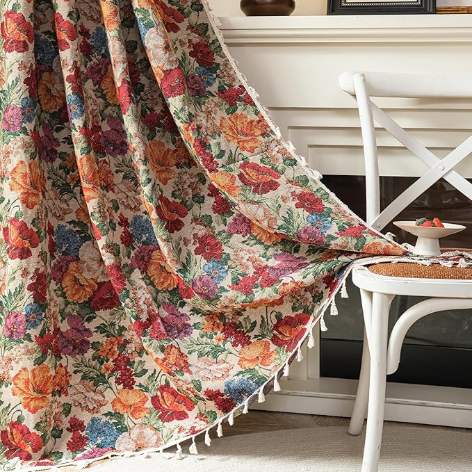 ENJOYBRIDAL Floral Curtains 63 Inch Long Semi Sheer Short Drapes Bedroom Rod Pocket Jacquard 2 Panels Window Curtains Farmhouse Boho Tassel Patterned Living Room Botanical Window Treatments