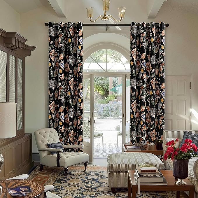 XiDi Black Floral Curtains 90 Inches Long for Living Room Bedroom 2 Panels Blackout Patterned Curtains Decorative Thermal Insulated Luxury Vintage Dark Flower Botanical Printed Grommet Drapes 52x90