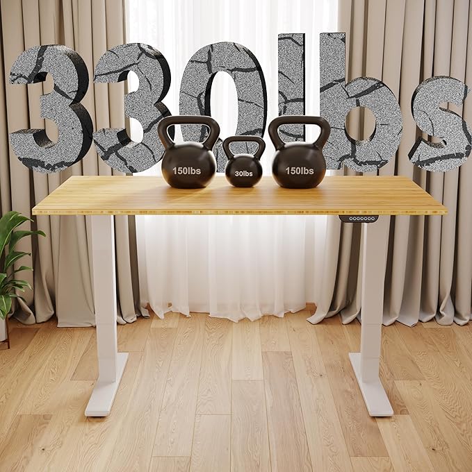 FLEXISPOT E6 MAX Bamboo Dual Motor 3 Stages Standing Desk 55x28 Inch Whole-Piece Board Electric Height Adjustable Stand Up Desk 150KG Load Capacity(White Frame + Bamboo Desktop)