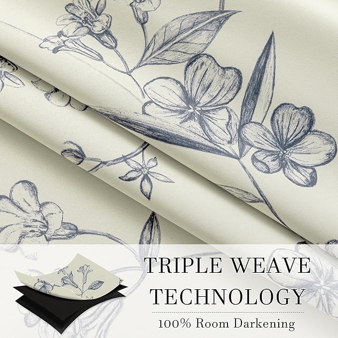 ChrisDowa Beige 100% Blackout Curtains 63 Inches Long 2 Panels for Bedroom Living Room Navy Blue Flower Patterned Room Darkening Thermal Insulated Soundproof Grommet Window Treatments Drapes,52X63
