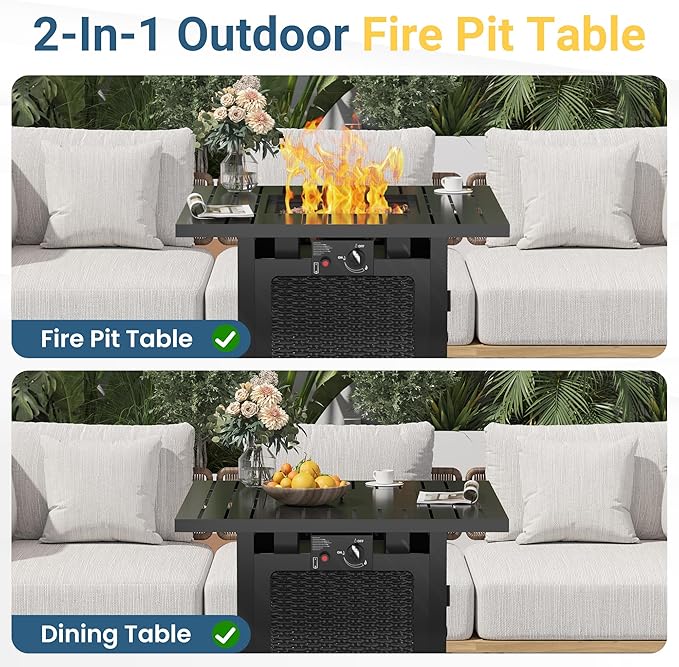 FansaFurn Black Propane Fire Pit Table, 50000 BTU Gas Fire Pits Table with Removable Lid and Lava Rock, Square Fire Table with Cover, 30'', Ideal for Dining or Party on Patio, Garden, Yard