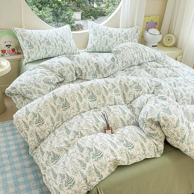 LifeTB Muslin Duvet Cover Full Size 100% Cotton Botanical Floral Comforter Cover Ultra Soft Cottagecore Bedding Set Lightweight Linen Feel Textured Breathable Gauze Duvet Cover with 2 Pillowcases