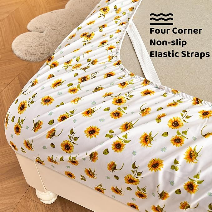Softan Floral Twin Size Sheet Set, Sunflower Printed Bed Sheets for Kids Girls, 3-Piece Microfiber Fitted Sheet with 15" Deep Pocket & Non-Slip Straps, Patterned Bedding Sheets & Pillowcase Set