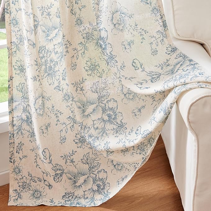 jinchan Linen Blend Curtain Floral Curtains for Living Room 96 Inch Length Blue Printed Curtain Back Tab Farmhouse Peony Flower Patterned Drapes Bedroom Window Curtains Set 2 Panels
