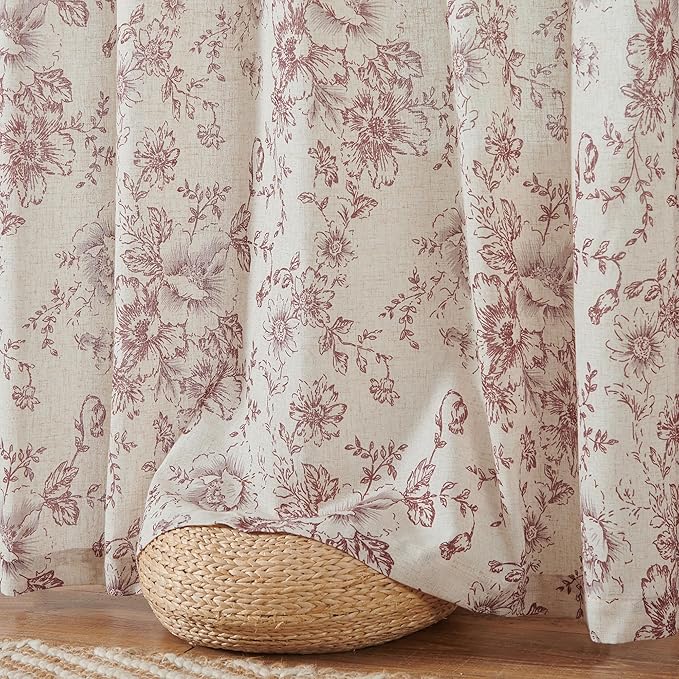 jinchan Linen Blend Curtain Floral Curtains for Living Room 63 Inch Length Christmas Brick Red Printed Curtain Back Tab Farmhouse Peony Flower Patterned Drapes Bedroom Window Curtains Set 2 Panels