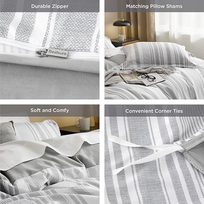 Bedsure Duvet Cover Queen Size - Striped Reversible Duvet Cover Set with Zipper Closure, 3 Pieces Grey Bedding Set with 8 Corner Ties and 2 Pillow Shams 20"x26"