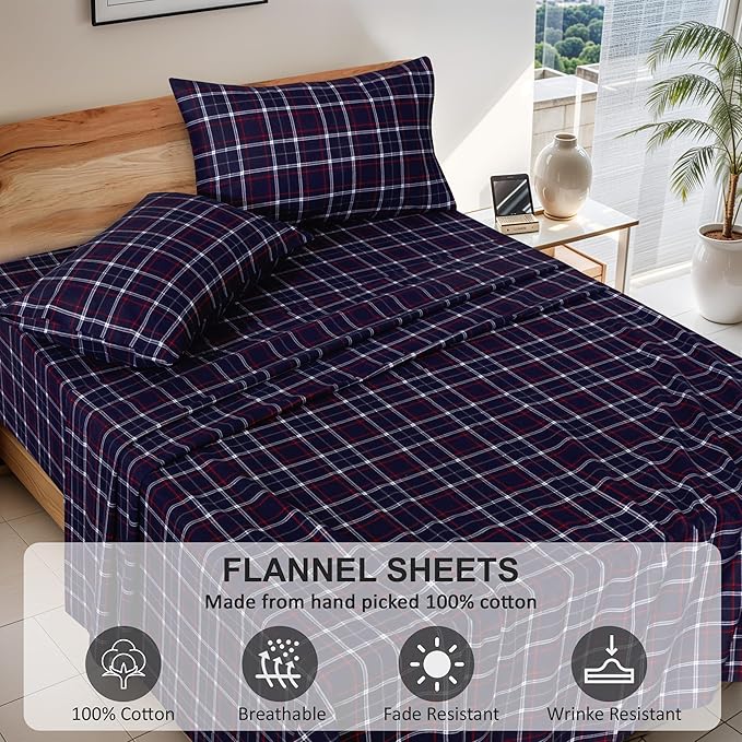 RUVANTI Flannel Sheets Twin XL Size - 100% Cotton Double Brushed Twin XL Sheet Sets, Deep Pockets 16 Inches, All Seasons Breathable & Extra Soft Bed Sheets, Warm & Cozy, 3 Piece, Yankees Blue