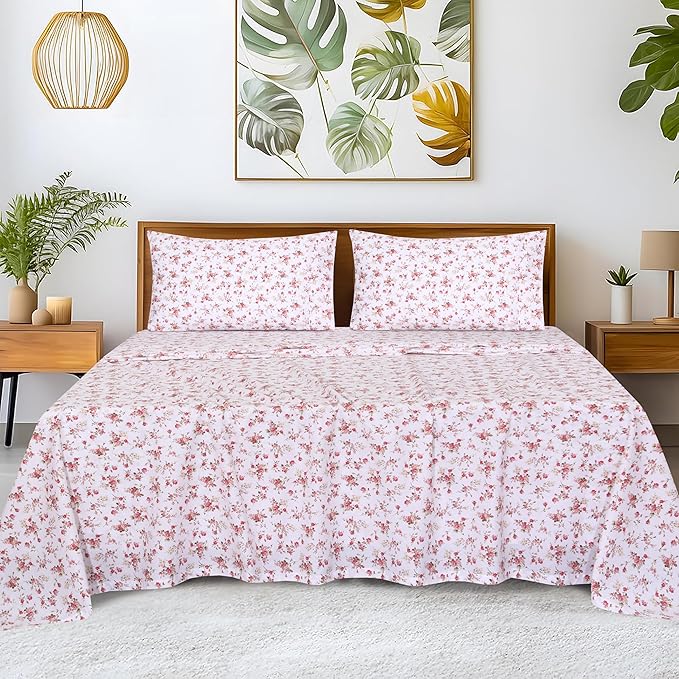 RUVANTI 100% Cotton Sheets Queen Size Set, 4 Pieces, Soft & Breathable Percale Weave Bedding, Deep Pocket 16", Hotel Standard, Crisp Cool Feeling, Durable, Perfect Floral Bed Sheet, Bouquet