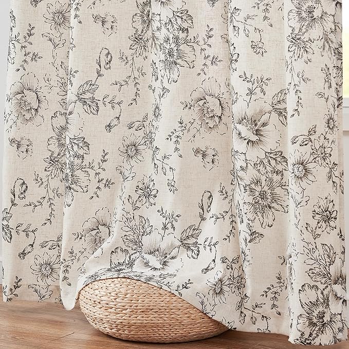 JINCHAN Pinch Pleated Curtains Floral Linen Blend Curtains for Living Room 108 Inches Length Black Peony Flower Printed Curtain Rod Pocket Back Tab Farmhouse Pinch Pleat Drapes with Hooks Set 2 Panels