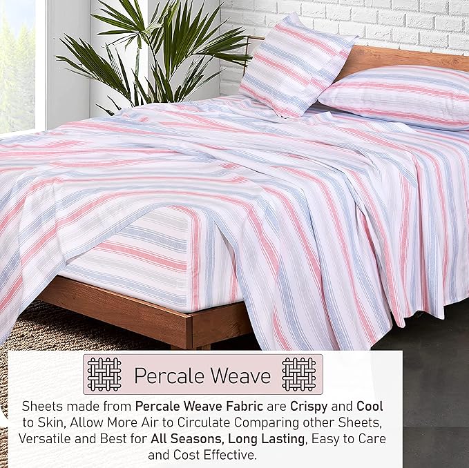 RUVANTI 100% Cotton King Size Sheets Set, 4 Pieces, Soft & Breathable Percale Weave Bedding, Deep Pocket 16", Hotel Standard, Crisp Cool Feel, Durable, Perfect Striped Bed Sheet, Times