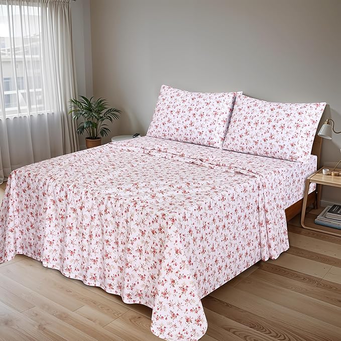 RUVANTI 100% Cotton Sheets Queen Size Set, 4 Pieces, Soft & Breathable Percale Weave Bedding, Deep Pocket 16", Hotel Standard, Crisp Cool Feeling, Durable, Perfect Floral Bed Sheet, Bouquet