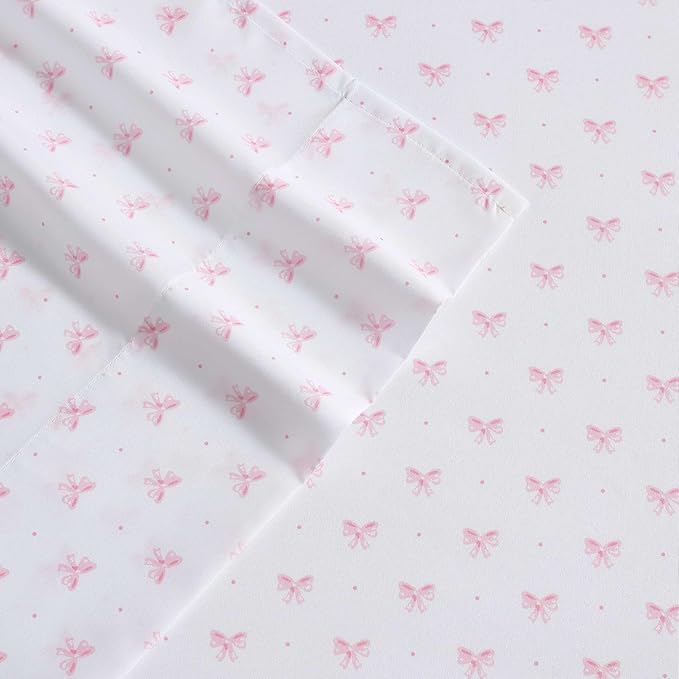 Laura Ashley Kids - Twin XL Sheet Set, Soft & Wrinkle-Resistant Toddler Bedding Set, Deep Pockets, Girl Bed Sheets with Matching Fitted Sheet & Pillowcase (Lovely Bows Pink)