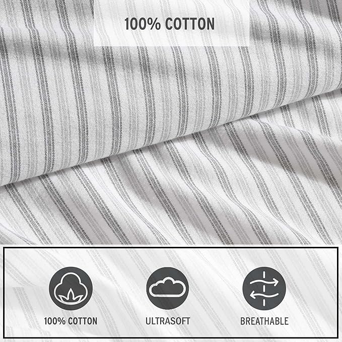 Eddie Bauer - King Bed Sheets, Cotton Flannel Bedding Set with Matching Pillowcases, Brushed for Extra Softness, Deep Pocket, Oeko-Tex Certified (Ticking Stripe Grey)