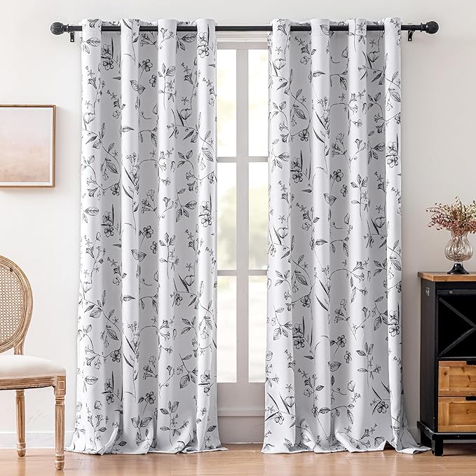 ChrisDowa 100% Blackout Floral Curtains 108 Inches Long 2 Panels for Bedroom Living Room Black Flower Patterned Room Darkening Thermal Insulated Soundproof Grommet Window Treatments Drapes,52X108