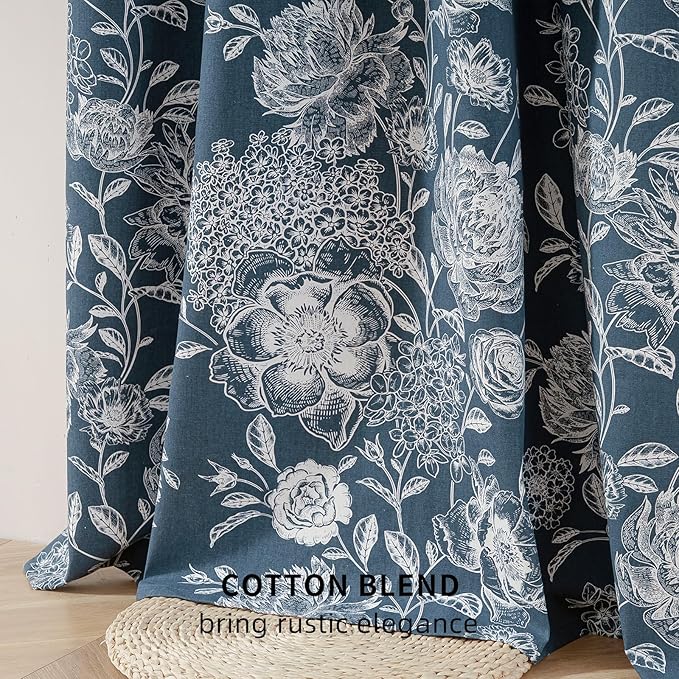 Cortina para Sala Blue Peony Blackout Curtains - Extra Long Floral Curtains, Vintage Blackout Curtains for Home Theater, Cotton Blend Printed Curtains, 52" W x 96" L