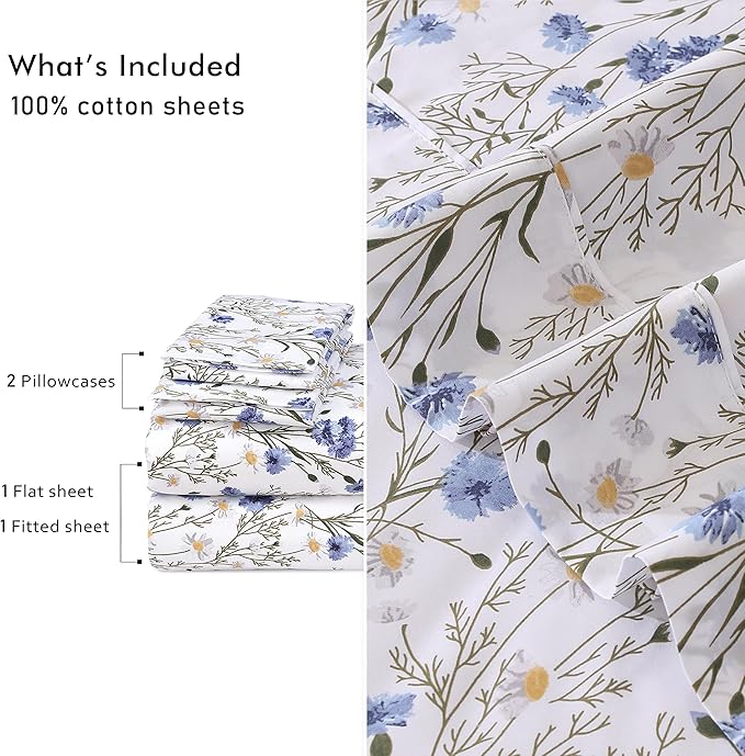 RUVANTI 100% Cotton California King Sheet Sets, 4 Pieces, Soft & Breathable Percale Weave Bedding, Deep Pocket 14", Hotel Standard, Crisp Cool Feel & Durable, Perfect Floral Sheets, Sweet Pea