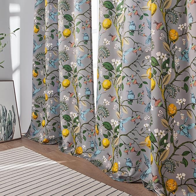 Grey Floral Curtains for Living Room Bedroom, Aesthetic Unique Rustic Pinch Pleated Drapes Cottagecore Flower Printed Modern Farmhouse Window Treatment 63 Inch Length 2 Panels