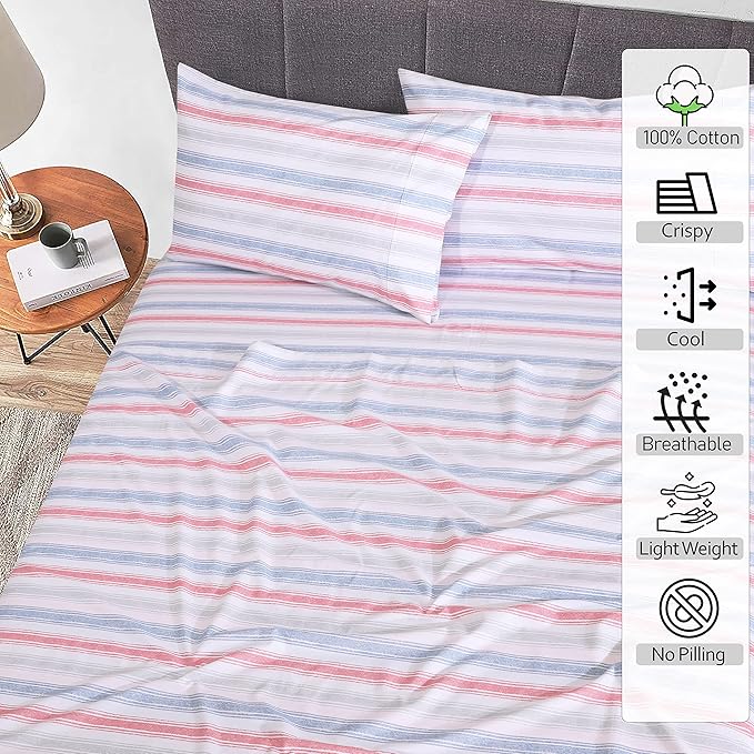 RUVANTI 100% Cotton Twin Sheets Set, 3 Pieces, Soft & Breathable Percale Weave Bedding, Deep Pocket 16", Hotel Standard, Crisp Cool Feel, Durable, Perfect Striped Bed Sheet, Times