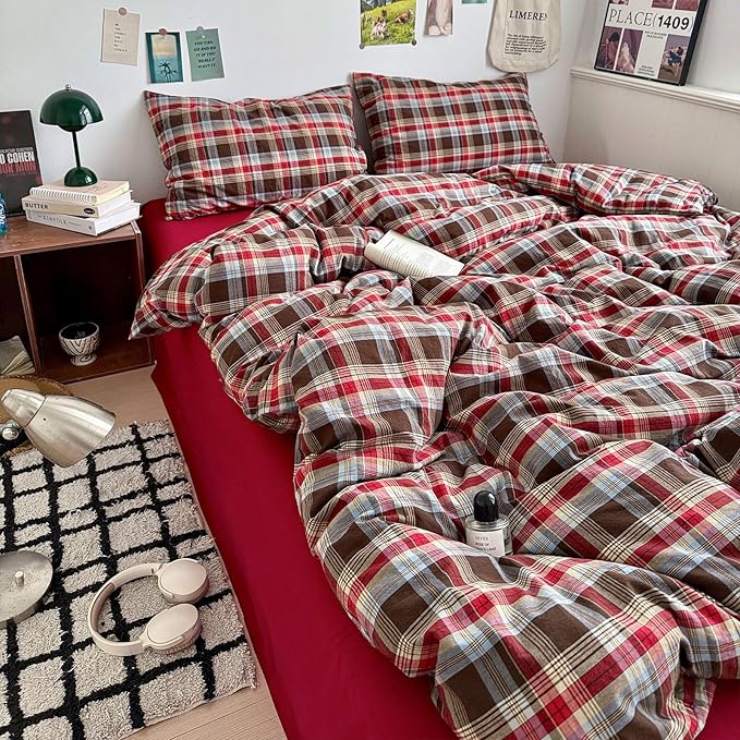 LifeTB Full Comforter Set Vintage Buffalo Plaid Comforter Set, 3 Pieces Red Brown Grid Checkered Comforter with 2 Pillowcases, Breathable Soft Farmhouse Grid Pattern Printed Plaid Gingham Bedding Set