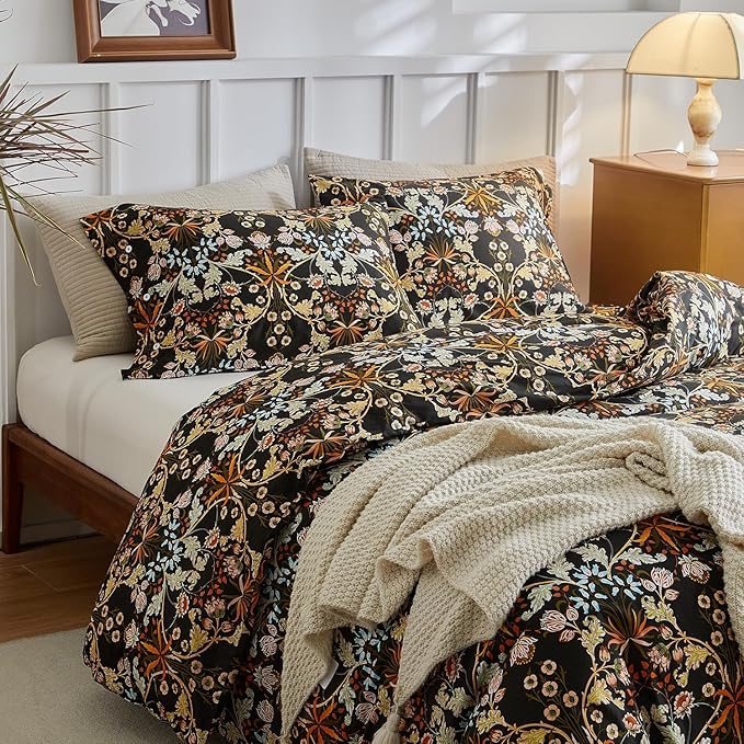mixinni Vintage Floral Duvet Cover Queen Size Farmhouse Boho Duvet Cover Set Cotton Percale Flowers Pattern Printed Bedding Set with 2 Pillowcases Perfect for Him and Her-Queen Size