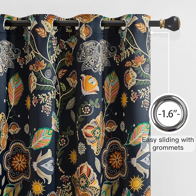 XiDi Black Floral Curtains 90 Inches Long for Living Room Bedroom 2 Panels Blackout Patterned Curtains Decorative Thermal Insulated Luxury Vintage Dark Flower Botanical Printed Grommet Drapes 52x90