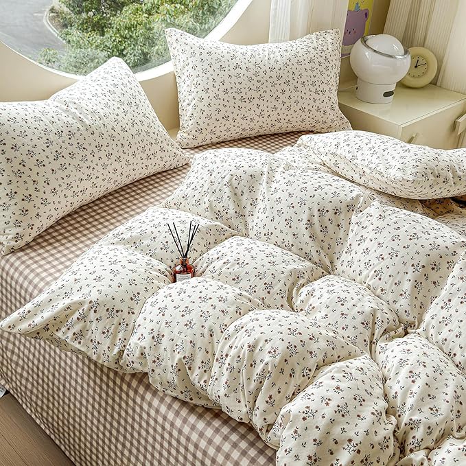 LifeTB 100% Cotton Muslin Duvet Cover Twin Size Vintage Botanical Floral Duvet Cover Ultra Soft Flower Comforter Cover Lightweight Soft Breathable Gauze Bedding Comforter Cover with 2 Pillowcases