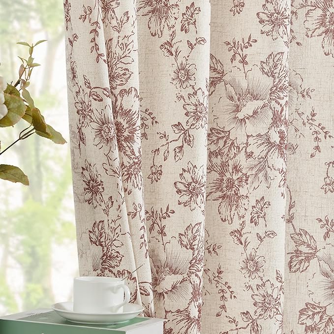 jinchan Linen Blend Curtain Floral Curtains for Living Room 90 Inch Length Christmas Brick Red Printed Curtain Rod Pocket Back Tab Farmhouse Peony Flower Patterned Drapes Window Curtains Set 2 Panels