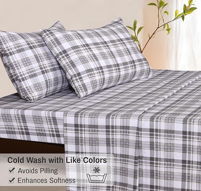 RUVANTI Flannel Sheets King Size - 100% Cotton Brushed King Size Sheets Set - Deep Pockets 16 Inches Bed Sheets - All Seasons Breathable & Extra Soft - Warm & Cozy, 4 Piece, Modest