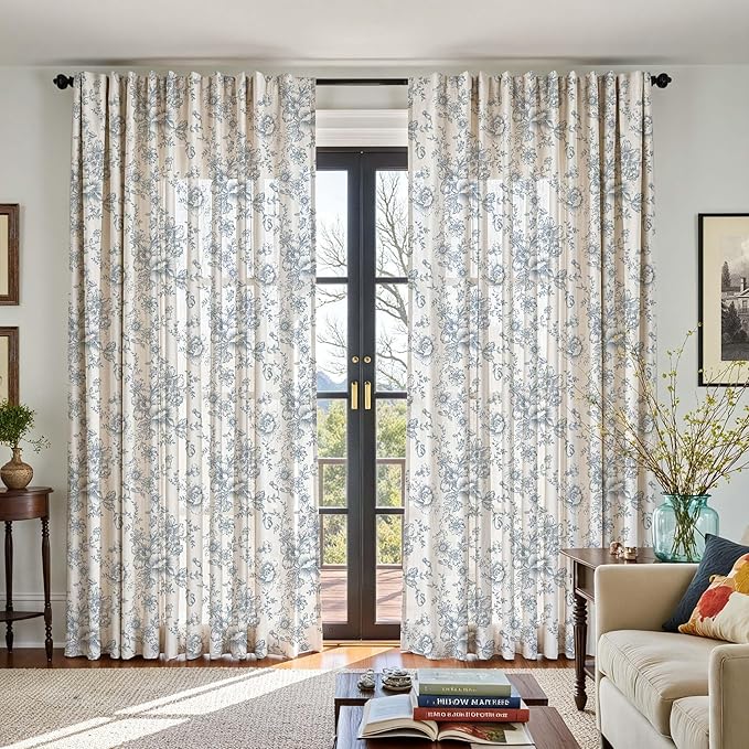 jinchan Linen Floral Curtains Extra Wide for Patio Sliding Glass Door Room Divider Curtain for Living Room 90 Inch Length Farmhouse Peony Blue Printed Curtain Set 1 Panel