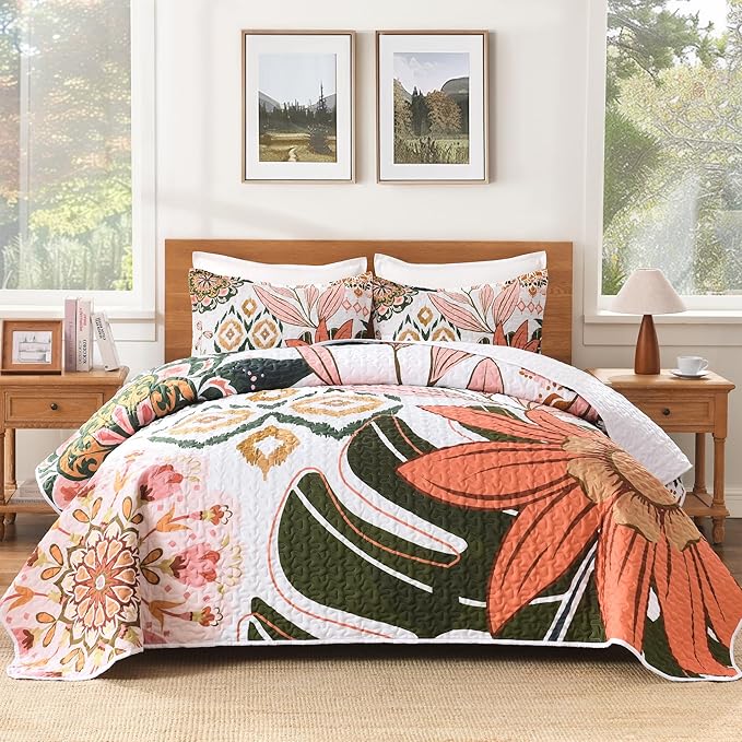 Andency Floral Boho Super King Quilt Bedding Set Pink, 3 Pieces Farmhouse Flower Botanical Bedspreads with 2 Shams, Soft Reversible Lightweight Microfiber Coverlet Set for All Season, 120"x120"