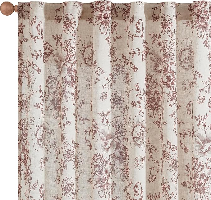 jinchan Linen Blend Curtain Floral Curtains for Living Room 45 Inch Length Christmas Brick Red Printed Curtain Rod Pocket Back Tab Farmhouse Peony Flower Patterned Drapes Curtains Set 2 Panels