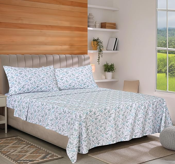 RUVANTI 100% Organic Cotton Sheets Full Size, Percale Weave, GOTS Certified, 4-Piece Set, Deep Pocket 15", Crisp & Breathable, Soft Durable Bedding, Sábanas Algodón Orgánico – Cold Chrysanthemum