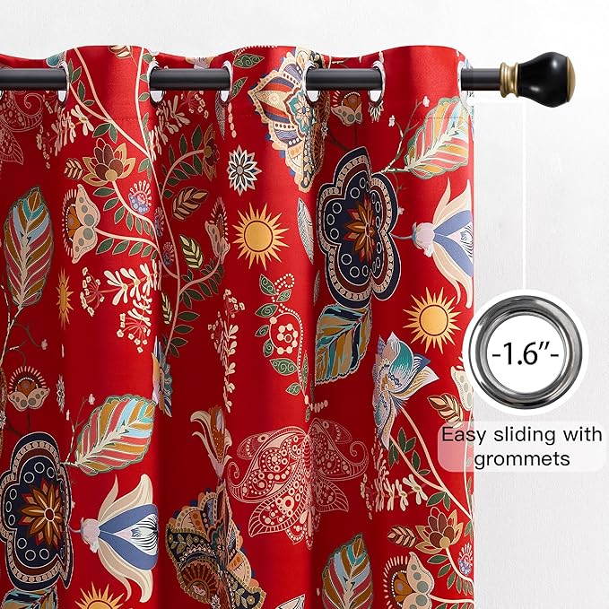 XiDi Vintage Floral Curtains 90 Inches Long for Bedroom Living Room Red Patterned Blackout Curtains 2 Panels Thermal Insulated Luxury Curtains Flower Botanical Leaf Printed Grommet Drapes Red 52x90