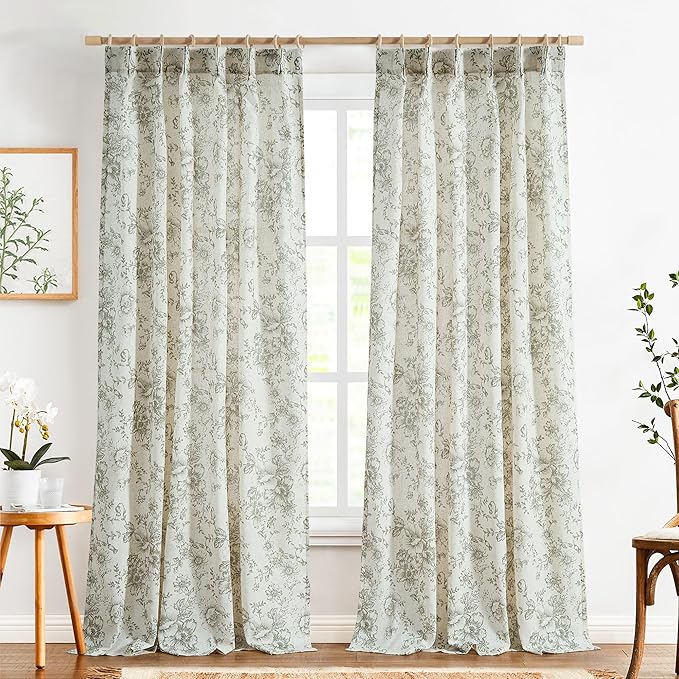 jinachan Pinch Pleated Curtains Floral Linen Blend Curtains for Living Room 90 Inches Length Christmas Green Peony Flower Printed Curtain Rod Pocket Back Tab Farmhouse Drapes with Hooks Set 2 Panels